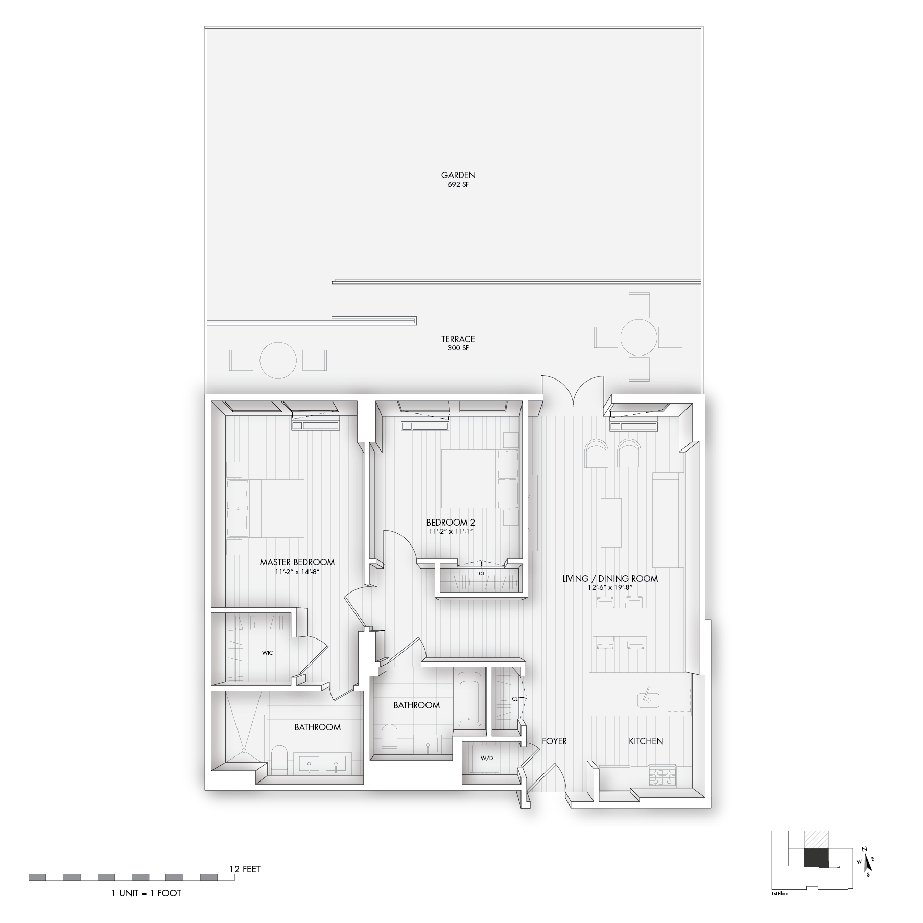 Floor plan for 2 beds, 2 baths, 1035 sqft